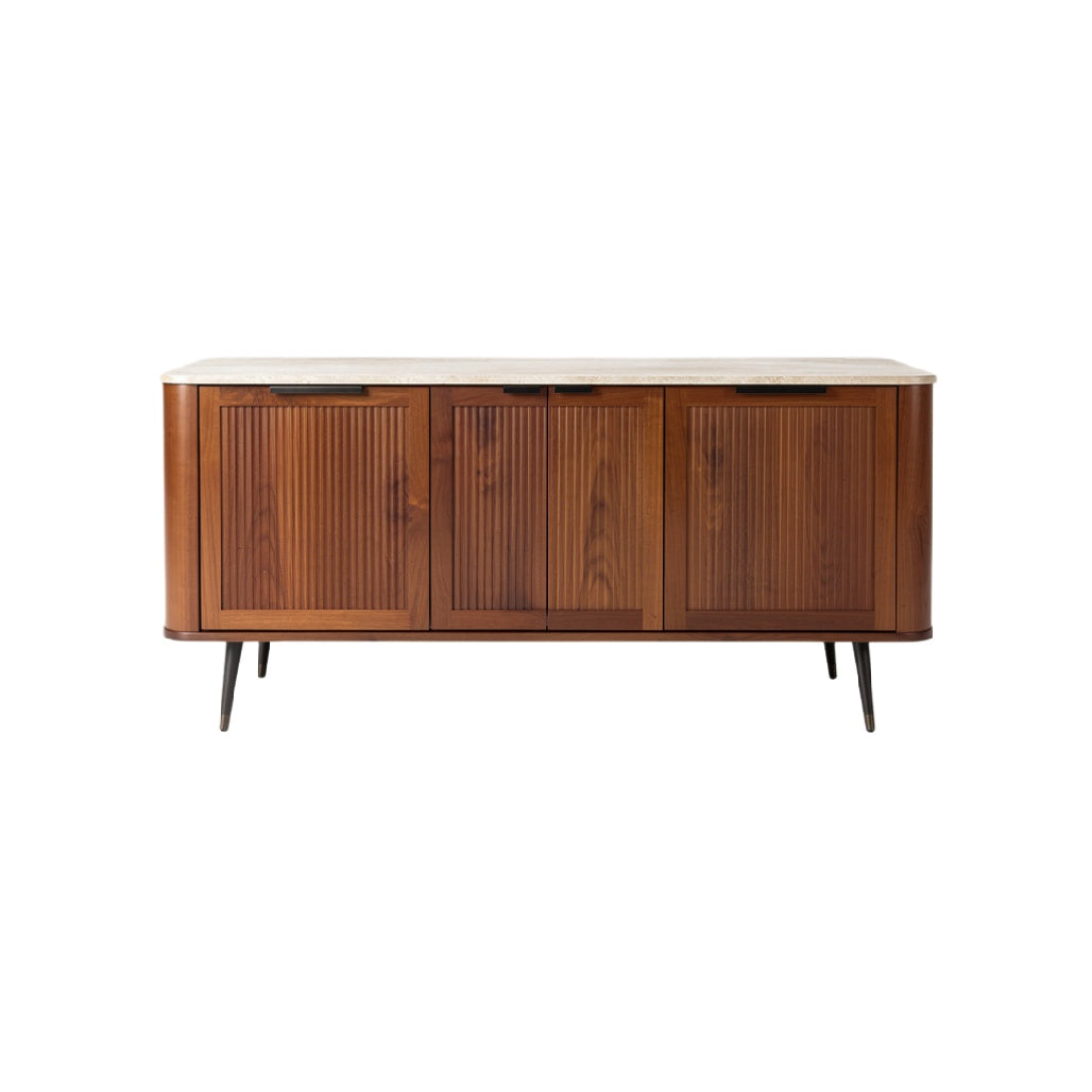 Mid-Century Modern Wooden Sideboard with Ribbed Doors and Metal Legs